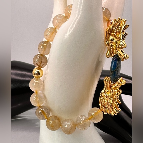 GOLD RUTILATED QUARTZ + SEA JASPER NATURAL STONES BRACELET size 7.5” - Picture 2 of 10